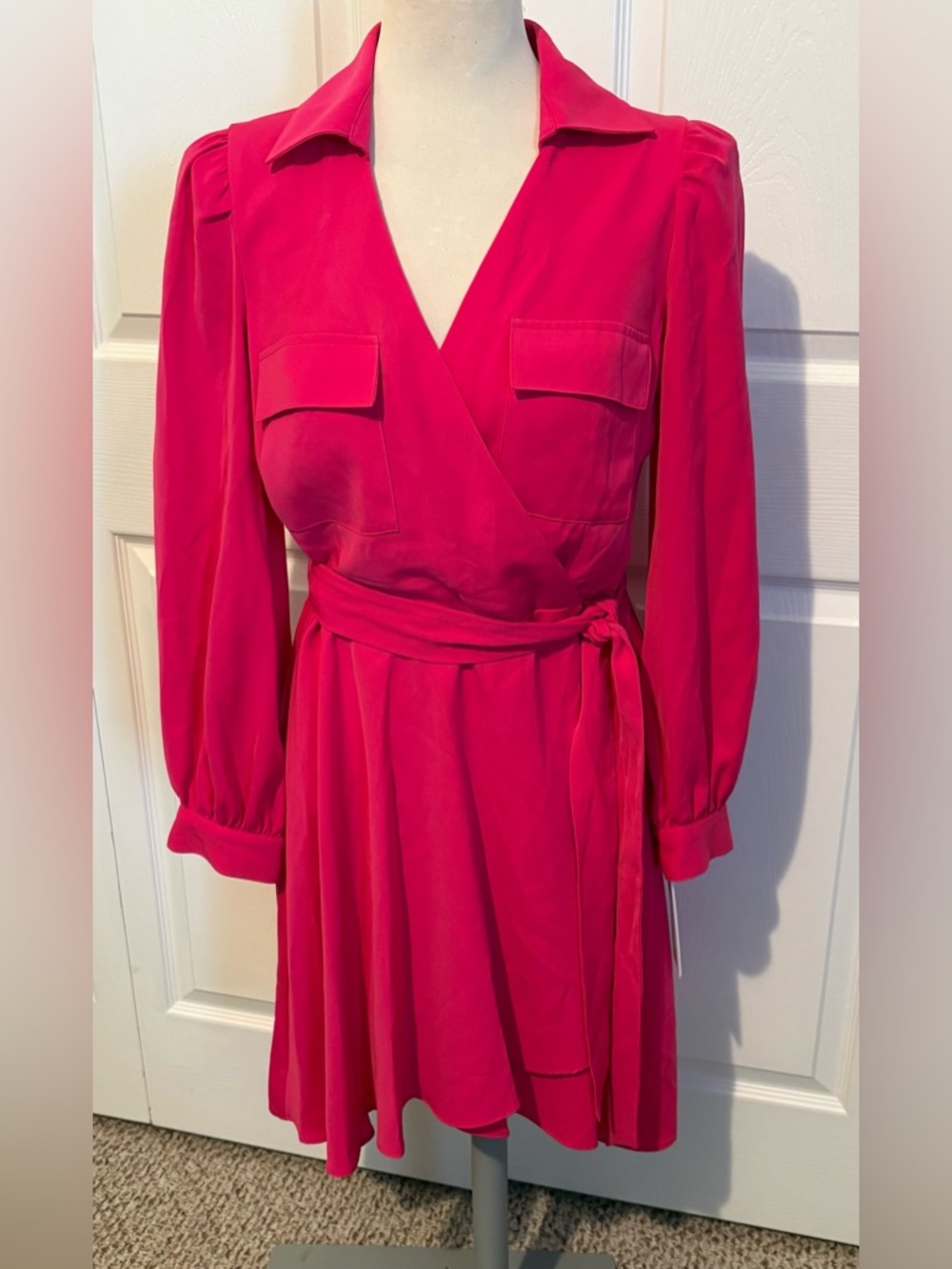 DKNY Fuchsia Long Sleeve Wrap Dress with Self Tie